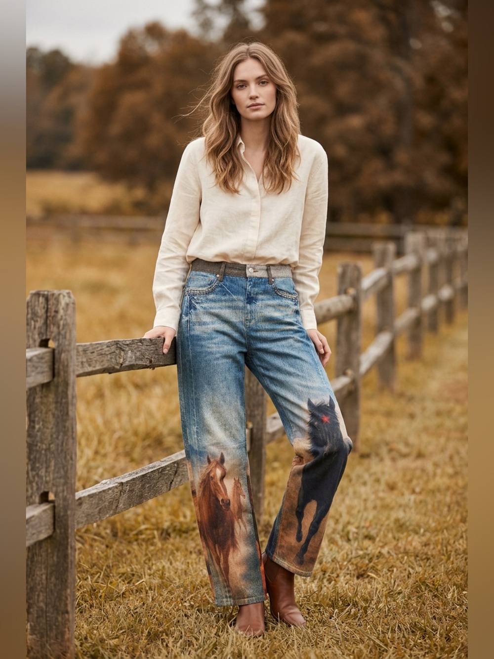 VBRT NEW Blue Barrel Leg Jeans with Brown & Black Horse Print WITH TAGS